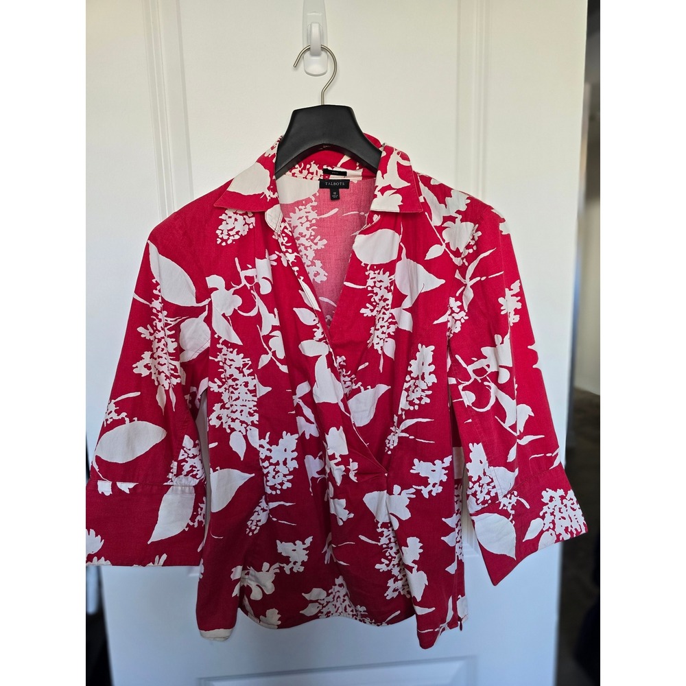 Talbots Red White Floral Wrap Blouse Cotton Stretch 3/4 Sleeve Size 12 Side Zip